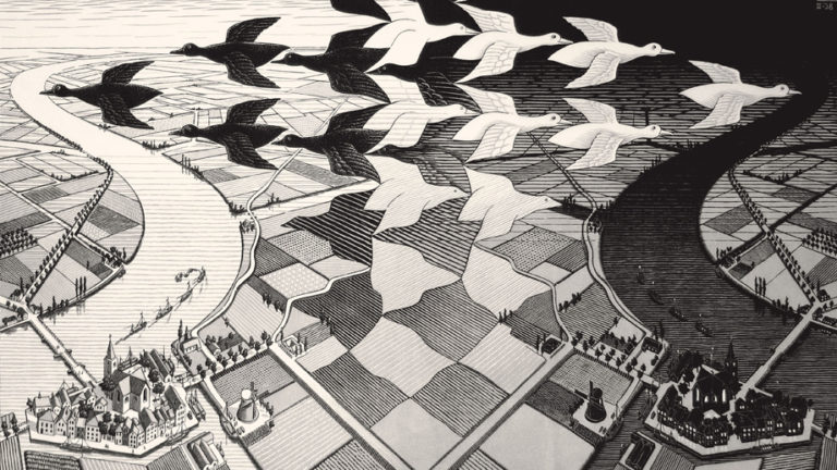 Maurits Cornelis Escher Giorno e notte , Febbraio 1938 Xilografia, 39,1x67,7 cm Collezione M.C. Escher Holding, Paesi Bassi All M.C. Escher works © 2024 The M.C. Escher Company, The Netherlands. All rights reserved