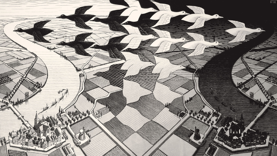 Maurits Cornelis Escher Giorno e notte , Febbraio 1938 Xilografia, 39,1x67,7 cm Collezione M.C. Escher Holding, Paesi Bassi All M.C. Escher works © 2024 The M.C. Escher Company, The Netherlands. All rights reserved