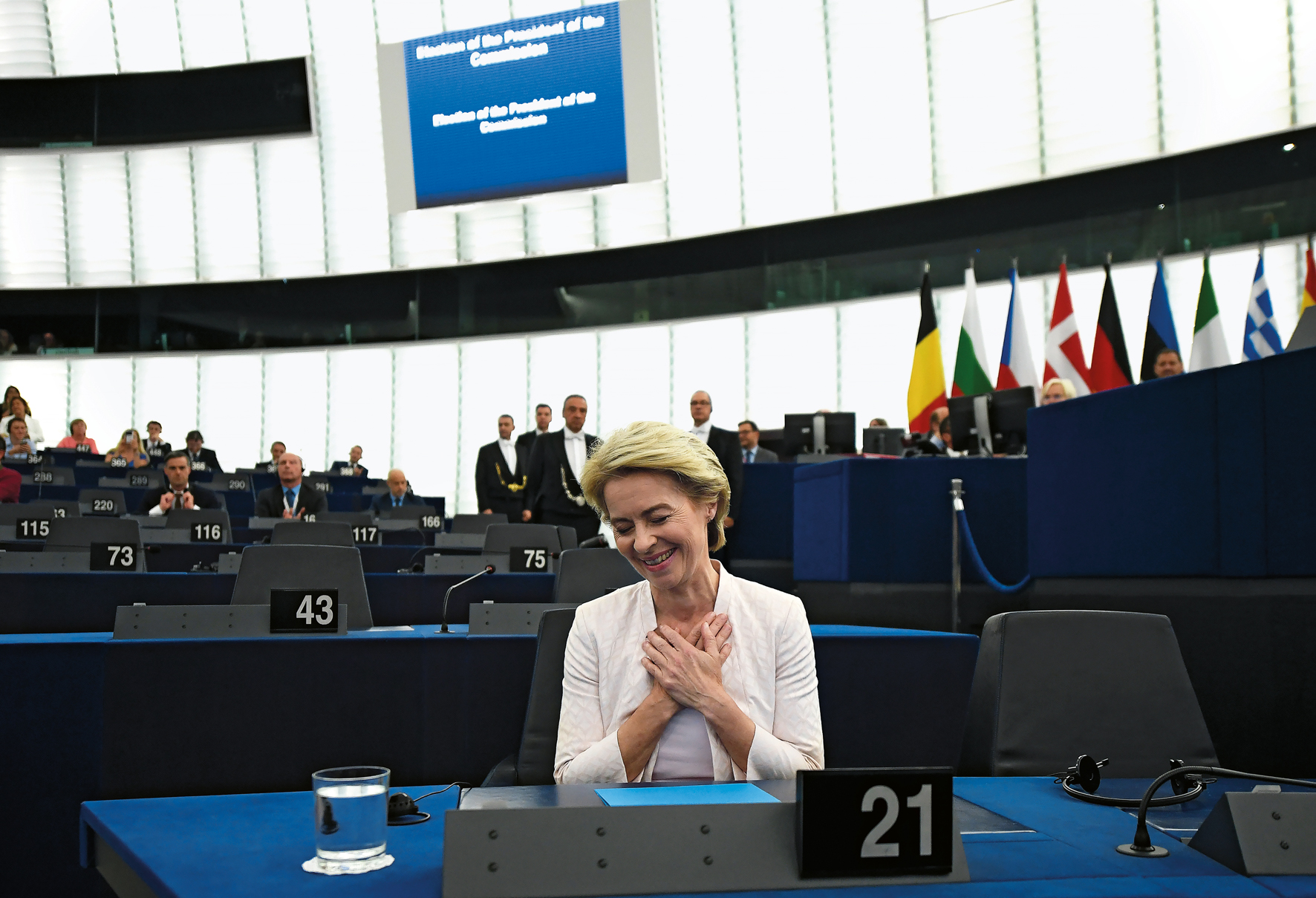 epa07720946 German Defense Minister Ursula von der Leyen and nominated President of the European Commission reacts after a vote at the European Parliament in Strasbourg, France, 16 July 2019. European Parliament voted in favor of Ursula von der Leyen as the new President of the European Commission. EPA-EFE/PATRICK SEEGER