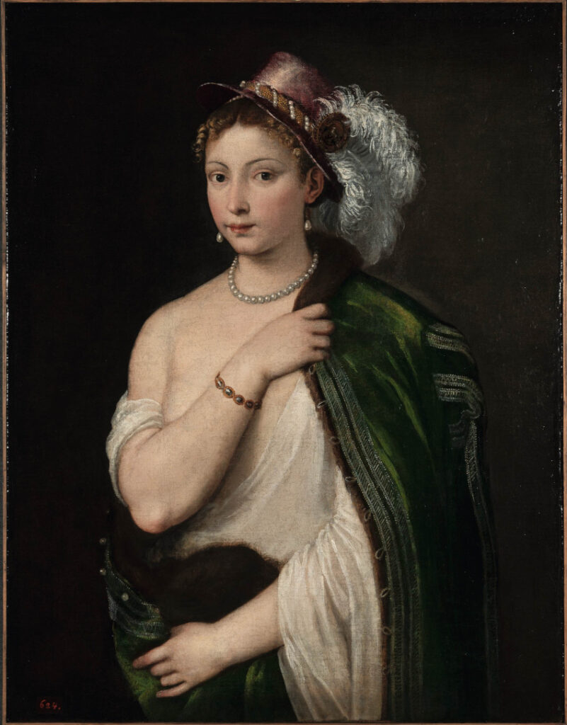 TIZIANO Giovane donna con cappello piumato, 1534-1536 circa Olio su tela, 96x75 cm San Pietroburgo, Museo dell’Hermitage